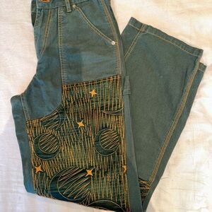 Urban Outfitters Green Jeans with Gold Celestial Embroidery